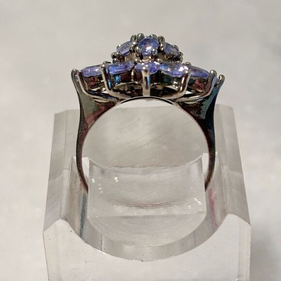 Antique Sterling Silver & Tanzanite Starburst Flower Cocktail Ring Blue Sz 4.75 - Picture 4 of 5